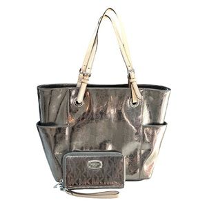 Michael Kors Metallic Tote Handbag Purse selling together with matching wallet
